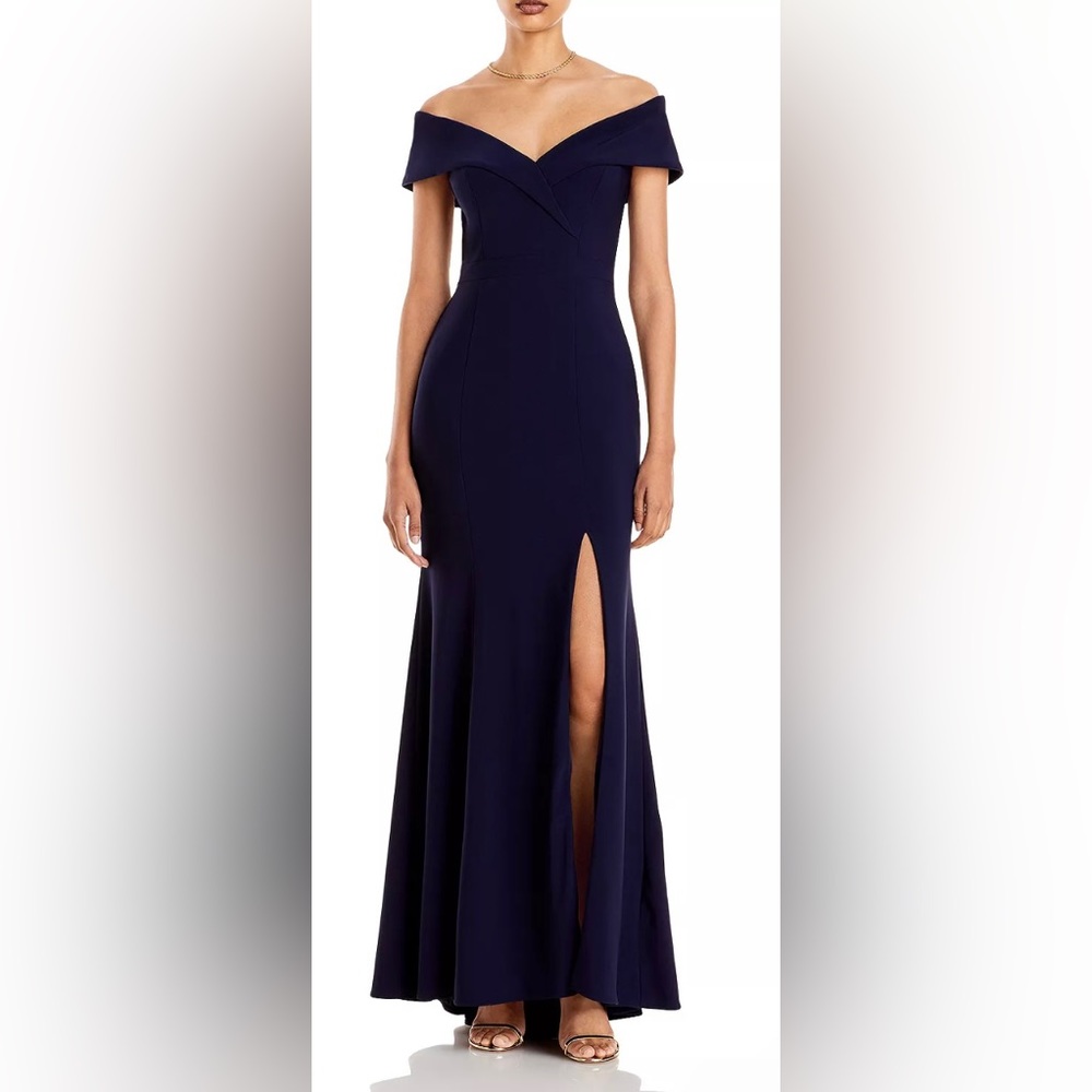 💙 NWT! Navy Off The Shoulder Slit Gown - Picture 1 of 12
